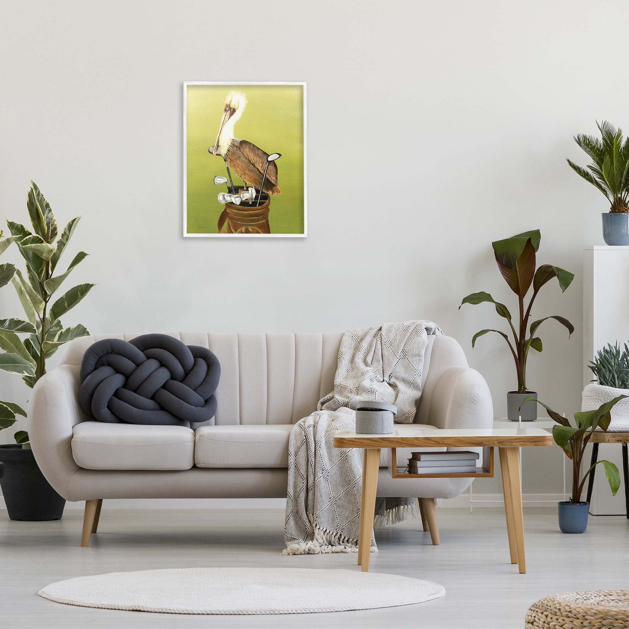 Stupell Industries Pelican on Golf Clubs Animals & Insects Painting White Framed Art Print Wall Art, 24 x 30