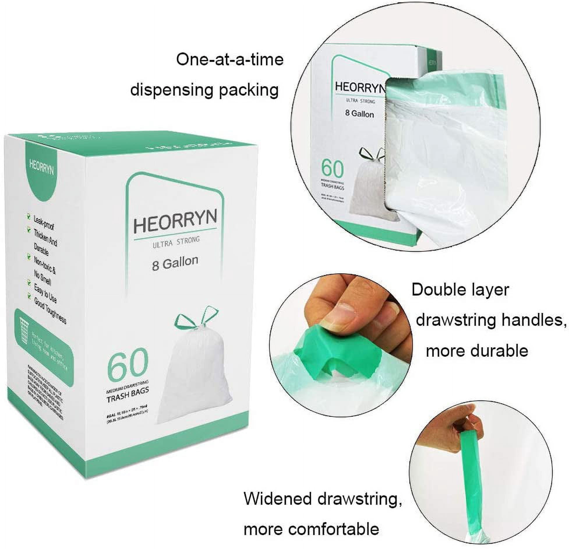 8 Gallon Drawstring Trash Bags-0.79 Mil Ultra Strong Medium Trash Can Liners for Kitchen/Office, Unscented White Garbage Bags, 60 Count