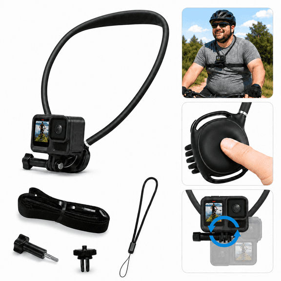 Neck Mount with Air Cushion, 1.5M Adjustable Chest Strap, Hands-Free POV Vlogging Neck Holder for GoPro Hero 13 12 11 10 9, DJI Osmo Action 6/5 Pro/4/3, Insta360 X5/X4/Ace Pro 2, Quick Release