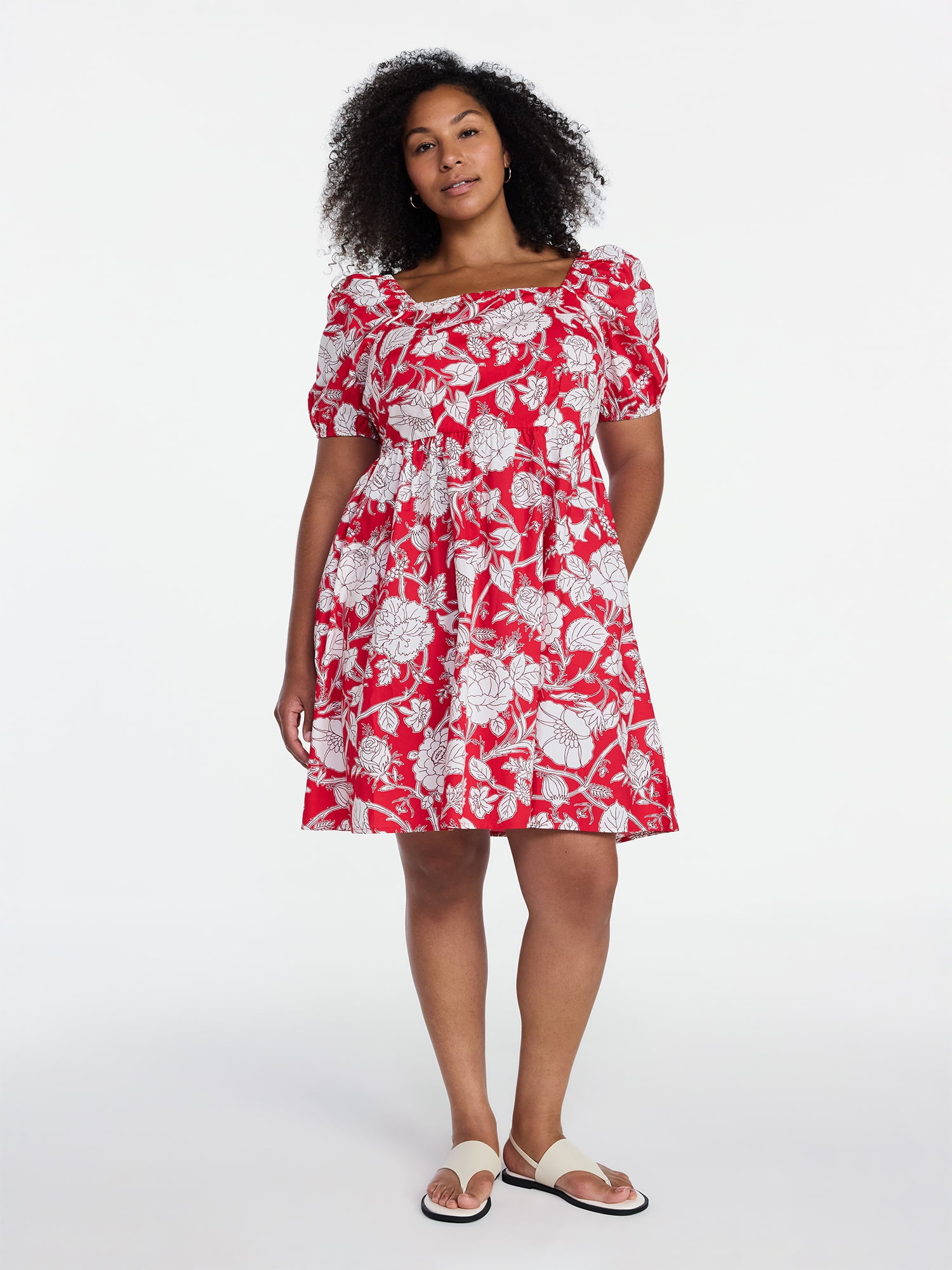 Time and Tru Women's and Women's Plus Tie Back Mini Dress with Puff Sleeves, Sizes XS-4X