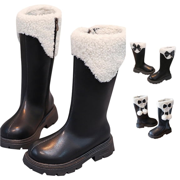 Krdevn Kids Winter Knee‑High Boots Fleece Cuff Trim Side Zipper Smooth PU Leather Warm Thick Sole Tall Boots for Girls,BK1