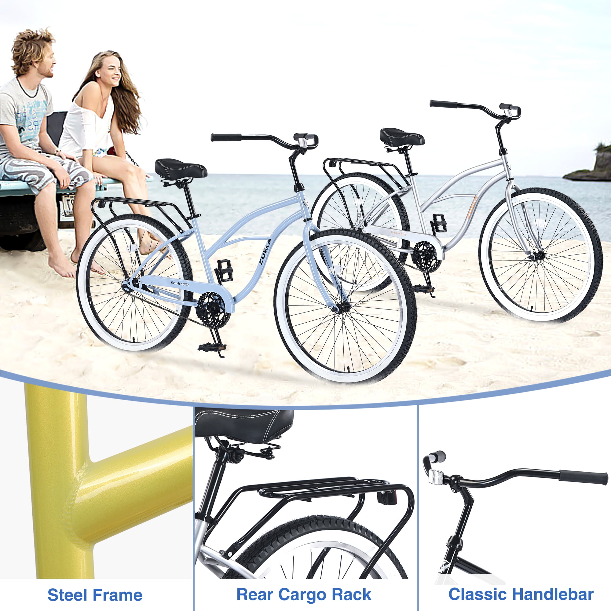 Aukfa 26" Cruiser Bike, Single Speed Bicycle Hybrid Bikes for Women Girls Ladies,Silver
