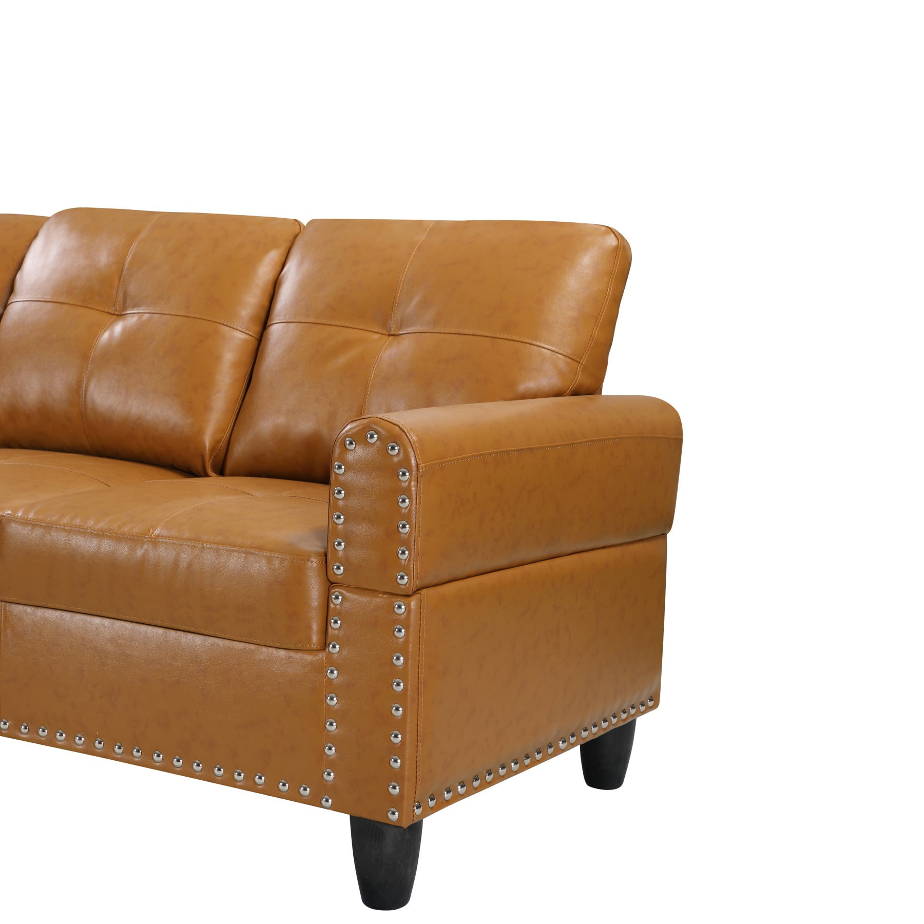 Hommoo L-Shaped Upholstered Sectional Sofa Couch with Storage & Cup Holders, Faux Leather Living Room Sofa Set, With Ottoman, Ginger
