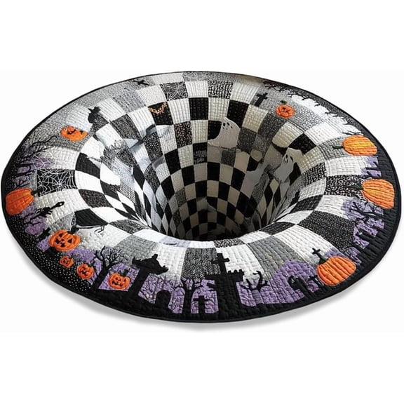3D Skeleton Vortex Quilted Round Halloween Rug, Spooky Optical Illusion Floor Mat, Soft Non-Slip Round Area Rug for Halloween Home Decor (80cm/32in, Style C)