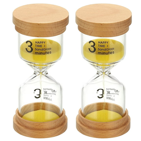 Uxcell 3 Minute Sand Timer, 2 Pcs Wooden Sand Watch Glass Sand Clock for Games, Classroom, Kitchen, Office, Home, Yellow