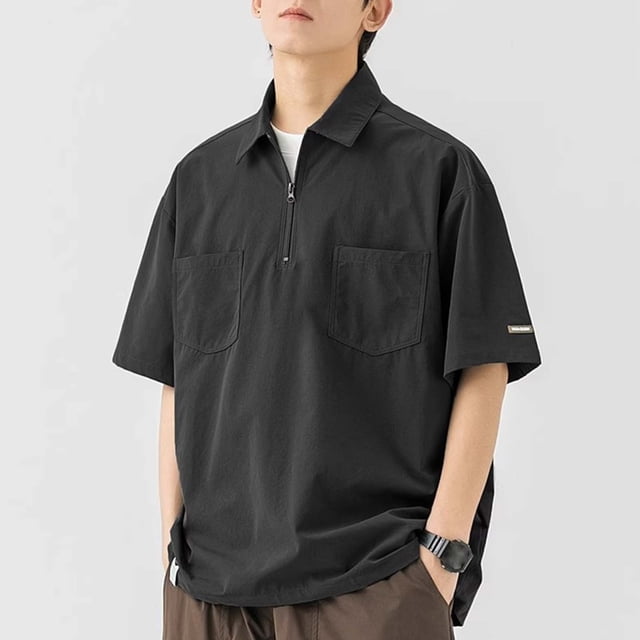 pstuiky Camisas de vestir de manga corta para hombre, Camisa de manga corta con cuello vuelto, holgada, informal, con bolsillos y cremallera, de color liso y a la moda para hombre l