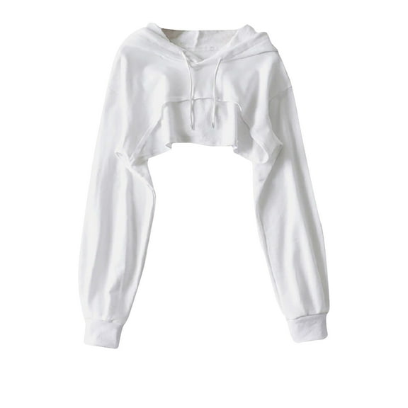 Solid Color Long Sleeve Crop Tops for Women Drawstring Trendy Hoodies Pullover