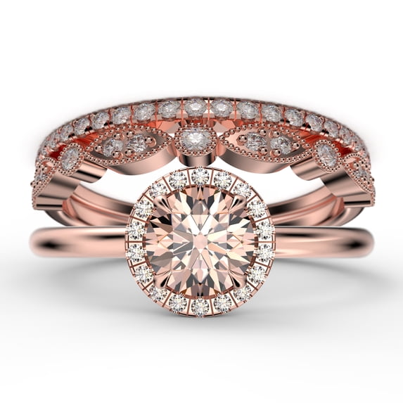 Fairy Minimalist 2.25 Carat Round Cut Morganite And Diamond Moissanite Engagement Ring, Classic Halo Wedding Ring in 10k Solid Rose Gold, Gift For Her, Anniversary Gift, Two Matching Band, Trio Set