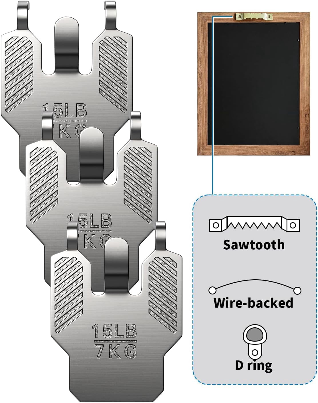 Drywall Picture Hangers with Claw: Heavy Duty Steel Picture Hanging Hooks - No Damage Sawtooth D-Ring Wire Kit Hanger for Wall Decor Art Mirror Photo Poster Frame