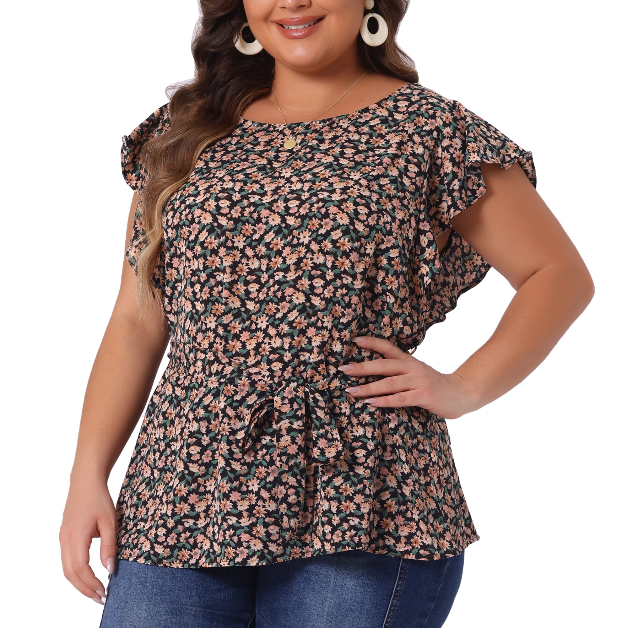 DARING DIVA Women's Plus Floral Tie Waist Flare Sleeve Top 3X Black Orange