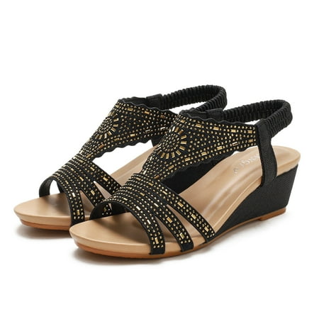 CAICJ98 Shoes for Women Women s Slip on Flat Sandals Casual Bling Rhinestone Strap Sandals Open Toe Slide Sandals Black