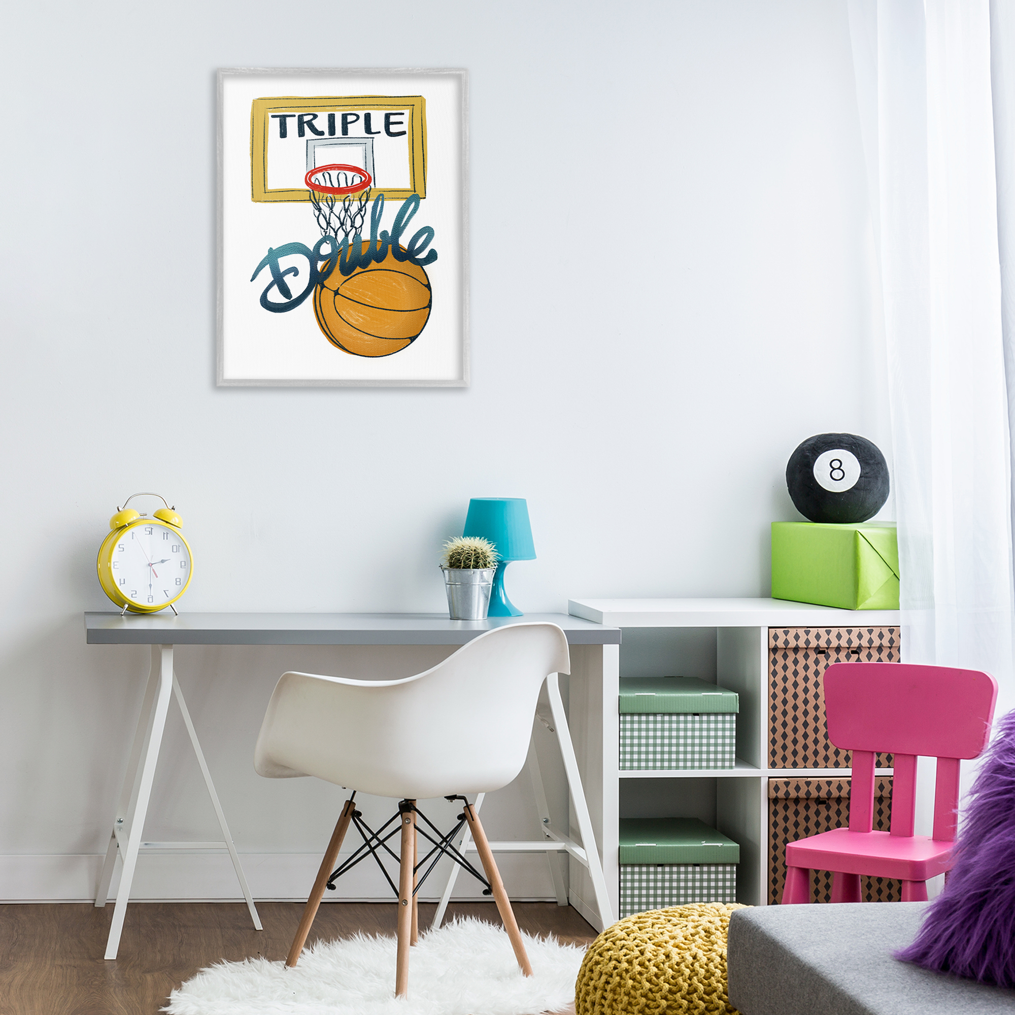 Triple Double Basketball Gray Framed Giclee Art, design by Connie Summers
