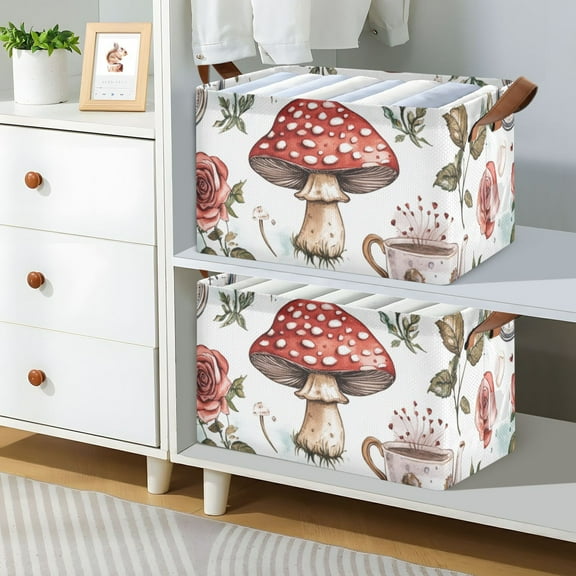 Clocks and Mushroom Foldable Storage Large Fabric Storage Baskets Organizer Storage Bins with Handles for Shelves