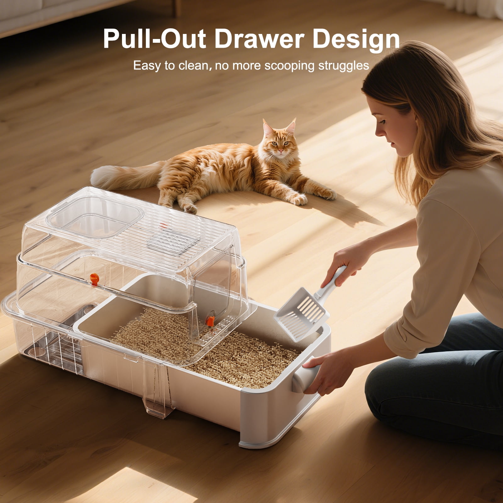 Stainless Steel Cat Litter Box with Lid, Foldable Enclosed Litter Box, Extra Large Metal Litter Box with Scoop and Mat, 24"*16.1"*16.1", Silver Gray