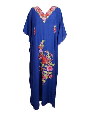 Mogul Womens Boho Caftan Maxi Dresses Blue Kimono Sleeves Cocktail Lounger Dress OneSize