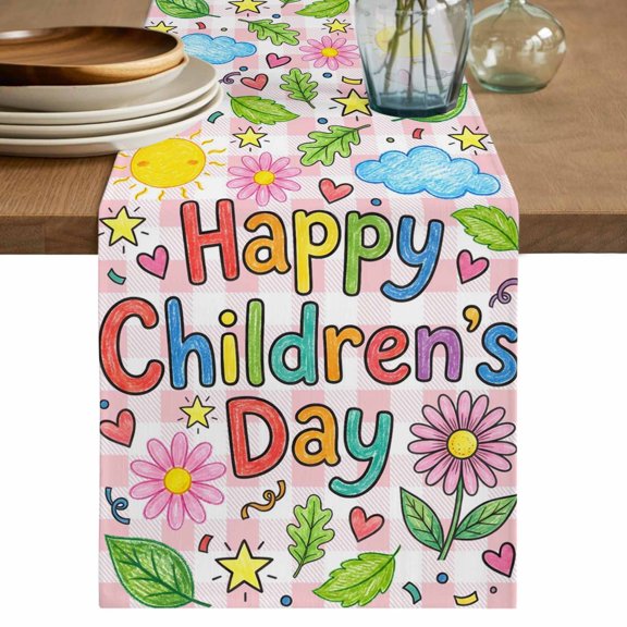 Children's Day Table Runner 72 Inches, Cartoon Cute Flowers Leaf Pink Plaid Bed Runner Dresser Scarves Tabletop for Indoor Outdoor Parties/Ceremony/Banquet, 18" x 72"
