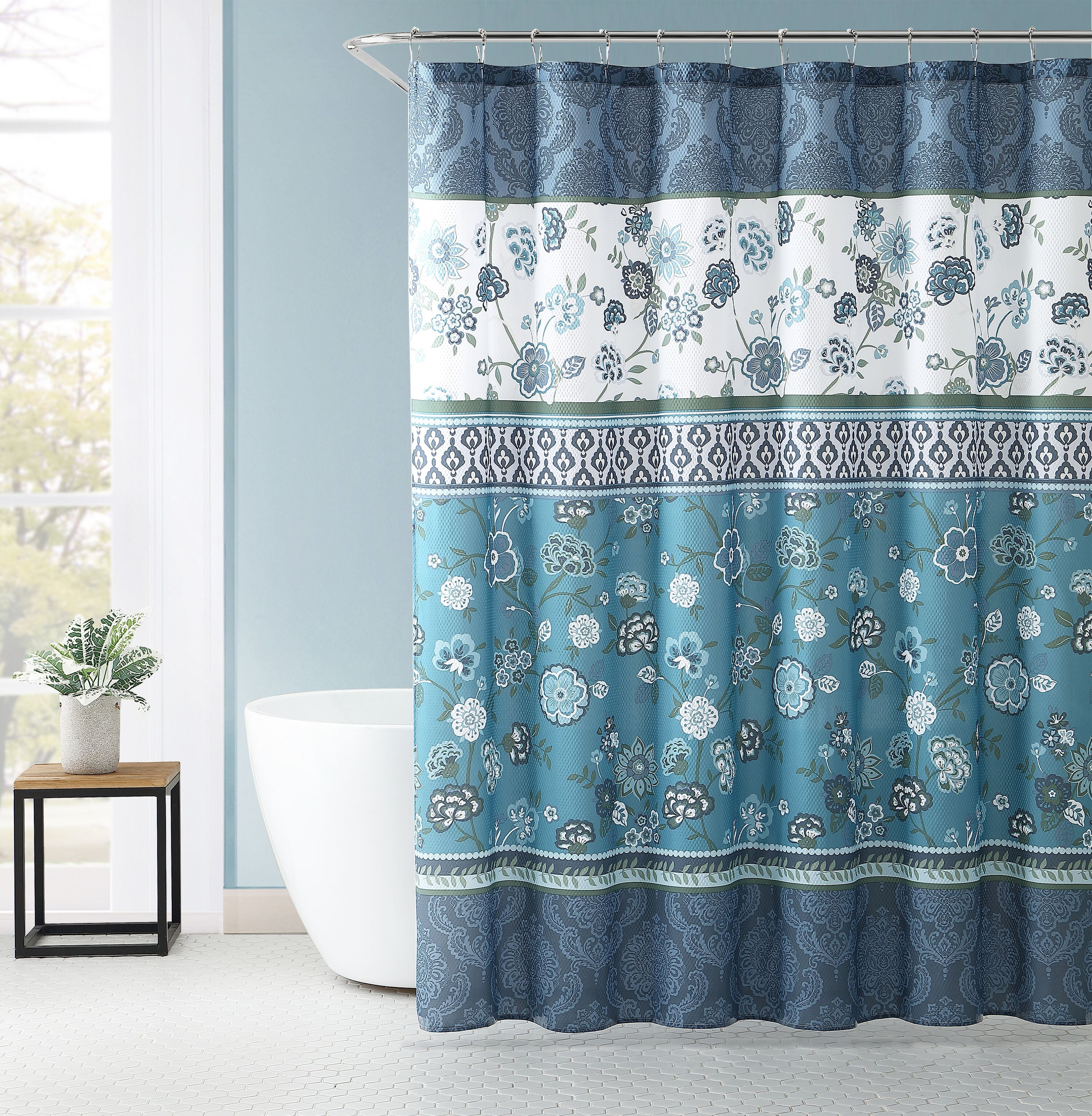 navy blue floral shower curtain
