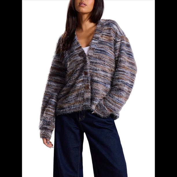 Suéter Tipo Cárdigan de Rayas Extragrande para Mujer, de Punto, con Botones, Larga y Hombros Caídos Gris M