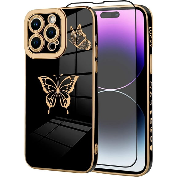 Phone 14 Pro Max 6.7 Inch Luxury Plating Cute Butterflies Cover with Screen Protector Fun Cute Side Pattern Soft TPU Shockproof Full Camera Lens Protection Electroplated Case - Black1