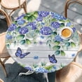 thumbnail image 2 of Purple Hydrangea Round Tablecloth, Fitted Table Cover with Elastic for 36"-44" Round Tables, Spring Eucalyptus Butterfly Grey Wooden Table Cloth Outdoor Indoor Dinning Party Waterproof Tablecloths, 2 of 7