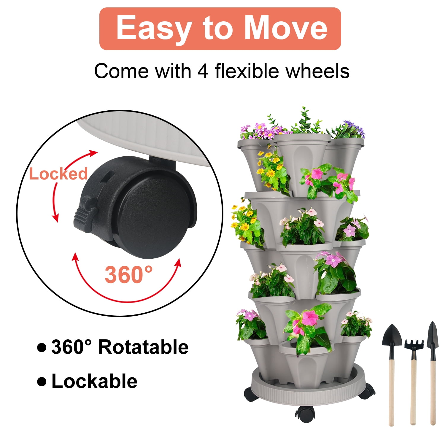 Gamexcel Vertical Garden Planter 5 Tier Gray Plastic Stackable Tower Planter with Saucer for Strawberry,Herb