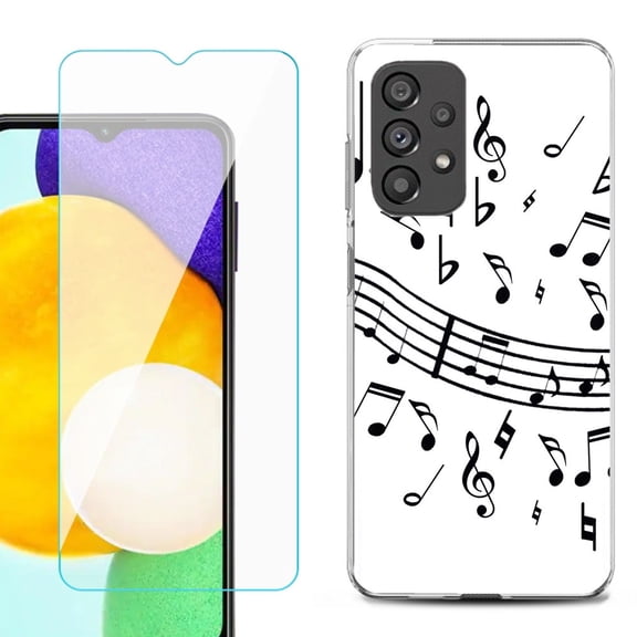 Slim-Fit Gel TPU Phone Case for Samsung Galaxy A23 5G, with Tempered Glass Screen Protector, by OneToughShield ® - Music Notes / White