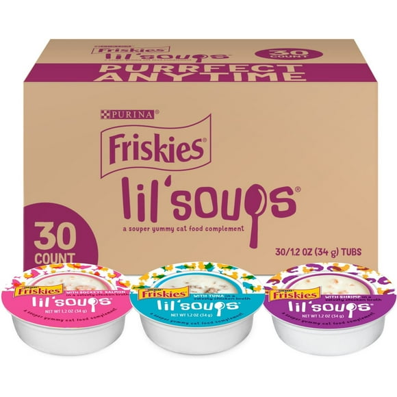 Friskies Lil' Soups Salmon, Tuna, & Shrimp Variety Pack Grain-Free Bits in Broth Wet Lickable Cat Food Topper, 1.2-oz tray, case of 30