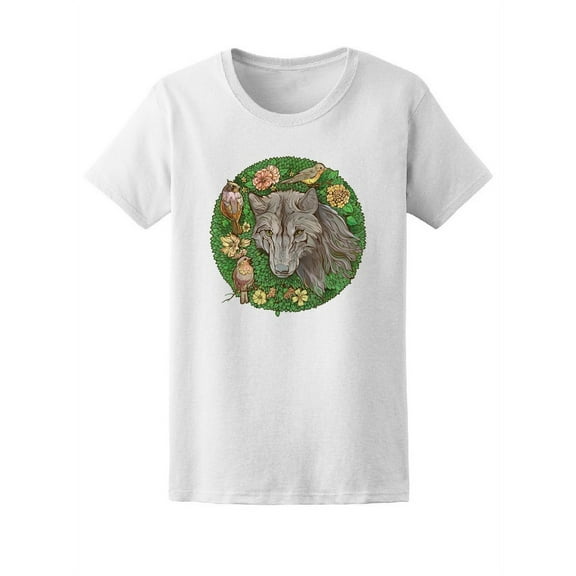 Beautiful Floral Wolf And Birds T-Shirt Women -Image by Shutterstock, Female x-Large
