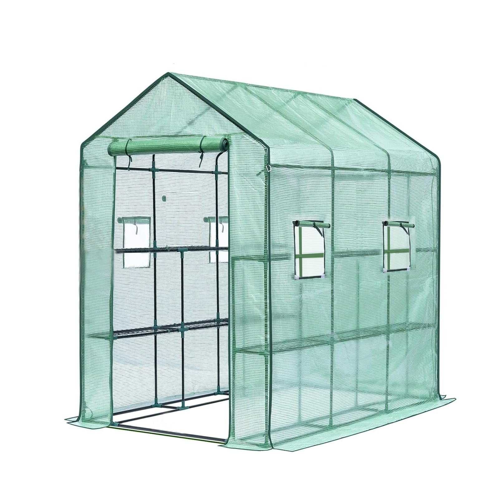 Heavy Duty Walk-In Greenhouse – 56" x 85" x 76" Portable Plant Shelter with 8 Shelves, PE Cover, Mesh Side Windows – Ideal for Outdoor & Indoor Use, Backyard, Patio, Vegetable Plants – Green