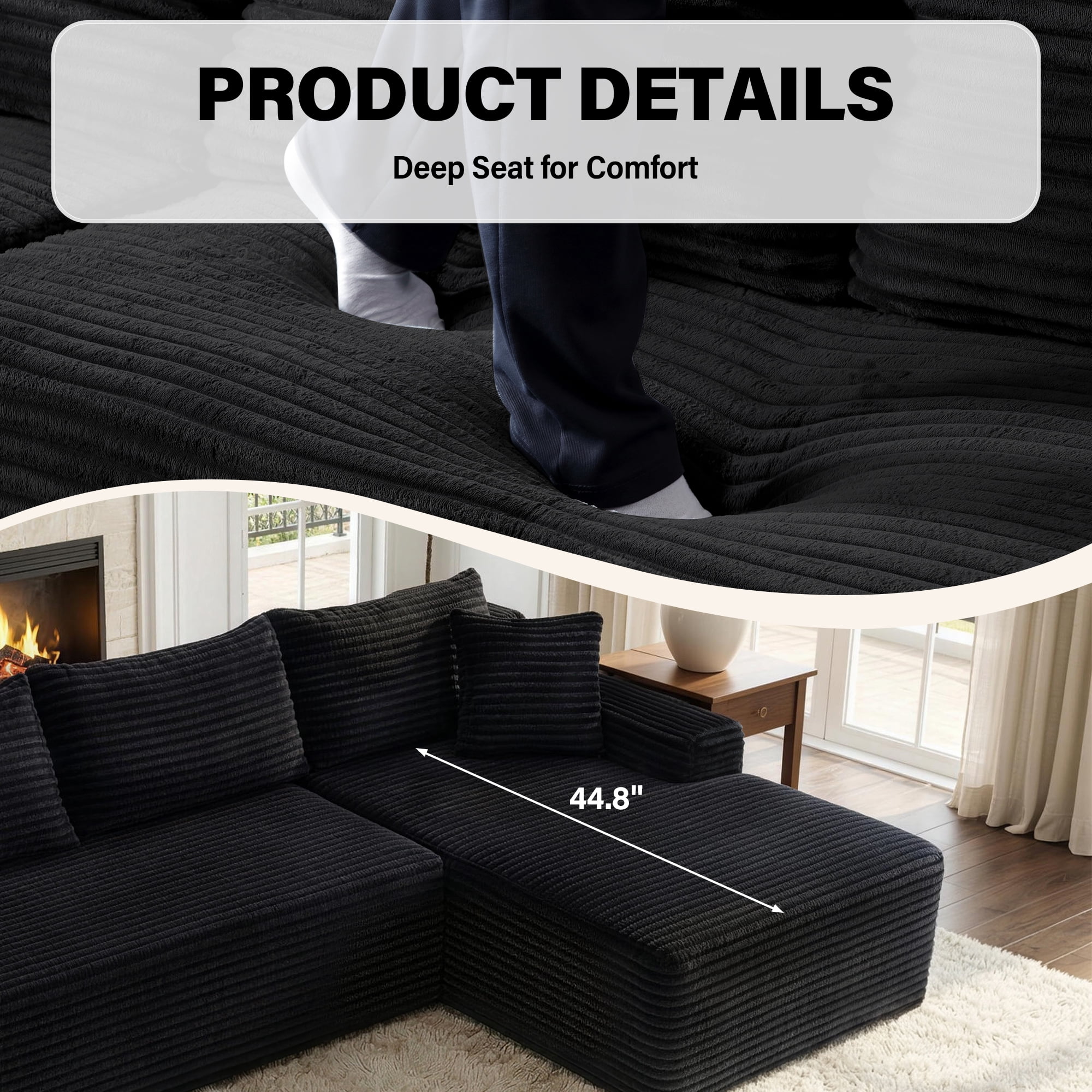 Aukfa 96" L-Shaped Cloud Sectional Sofa, Modular Boneless Couch with Deep Seat&Right-Facing Chaise for Living Room, Corduroy, Black