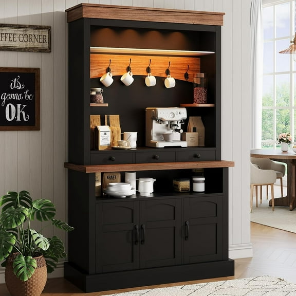 72" Home Coffee Bar Cabinet with LED Light, Tall Farmhouse Coffee Bar Hutch with Storage, Sideboard Buffet Cabinet with Microwave Stand/Glass Shelf/6 Hooks/3 Drawers for Kitchen Living Dining Room