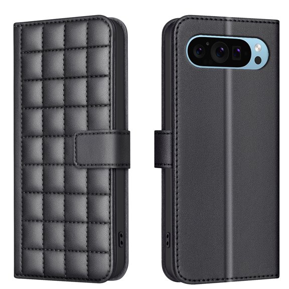 Allytechgroup Google Pixel 9 Pro XL Wallet Case Cover, Hand Wrist Grid Design Stylish Shockproof Cards Slots RFID Blocking Phone Case Cover for Women Men, Black