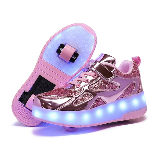 Espadrilles Lumineuses à Deux Roues pour Enfants, Talons Lumineux, Chaussures de Skate à Roulettes Roses avec Lumière Led, Chaussures Led pour Enfants, Garçons, Filles, Recharge USB
