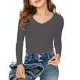 thumbnail image 2 of ZHOGXU Big Kids Girls T Shirt Long Sleeve V Neck Ribbed Solid Color Breathable Slim Fit Top For Casual Daily Wear,Dark Gray,9-10 Years, 2 of 4
