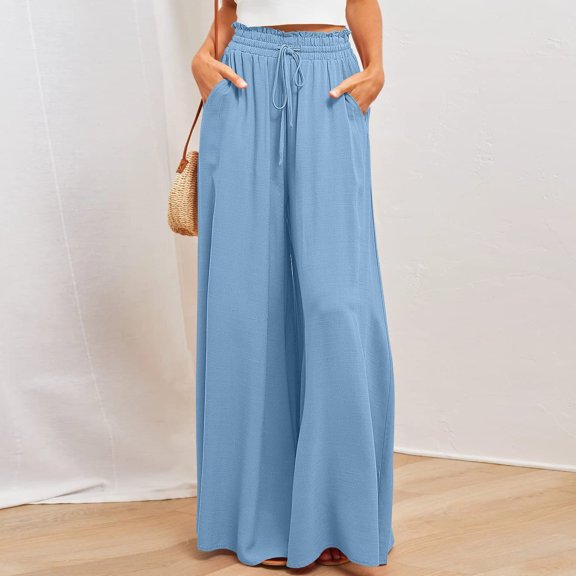 Guieoi Palazzo Pants for Women Summer Solid-Color Pocketed Wide-Leg Loose-fit Flowy Pants Blue M