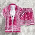 thumbnail image 4 of OOOUM Men All Over Print Outfits Lapel Short Sleeve Button Shirt Drawstring Elastic Waist Shorts Summer Beach Vacation Casual Outfit Red L, 4 of 5