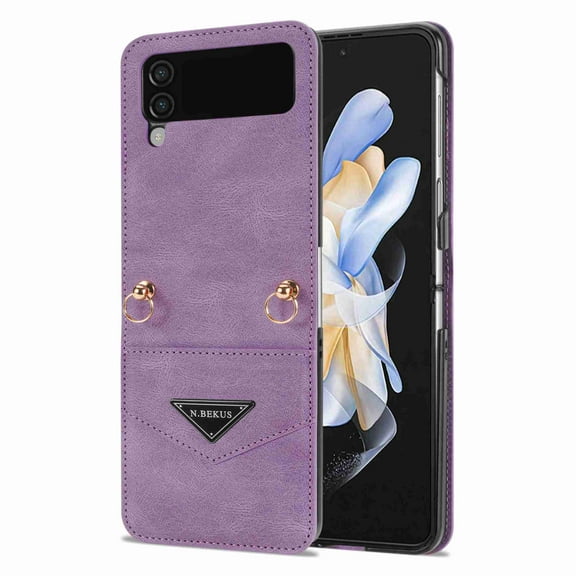 ELEHOLD Wallet Case Compatible with Galaxy Z Flip 3 6.7 inch,Adjustable Crossbody Lanyard Durable Card Slots Shockproof Protective Phone Cover,Purple