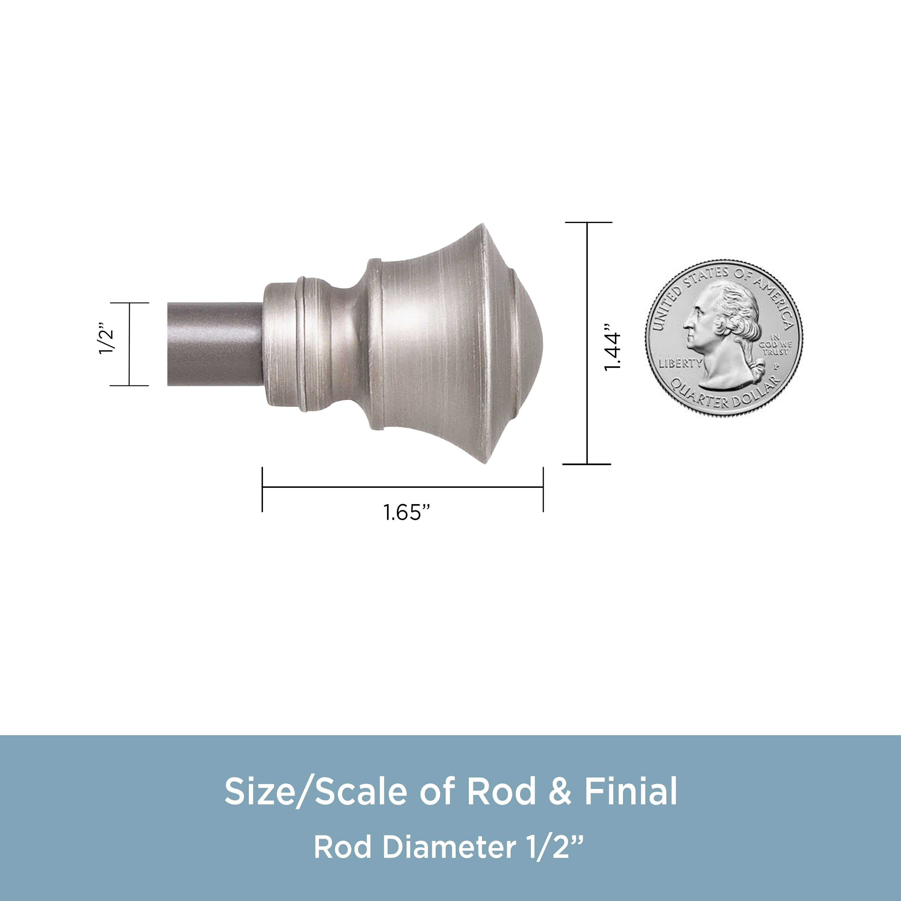 Kenney Caris Adjustable Petite Café Curtain Rod 28-48" with Decorative Urn Finials, Pewter Gray, 1/2" Diameter