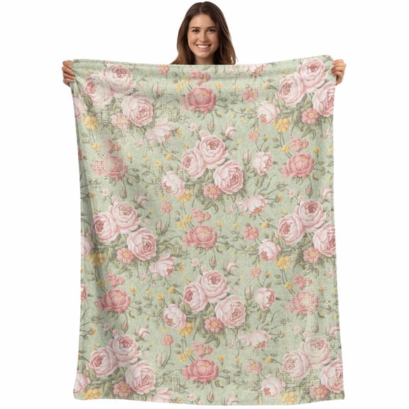 Pink Flowers Blanket Soft Cozy Warm Twin Blanket for Bed, Plush Fuzzy Flannel Fleece Blankets for Sofa, Green Country Botanical Floral Leaves Throw Blankets for Couch, Gifts for Men, 60"x80"