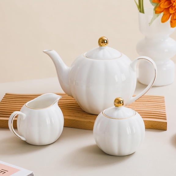 White and Gold Porcelain Sugar Bowl and Creamer Set with Gold Rim, Elegant Tea and Coffee Accessories