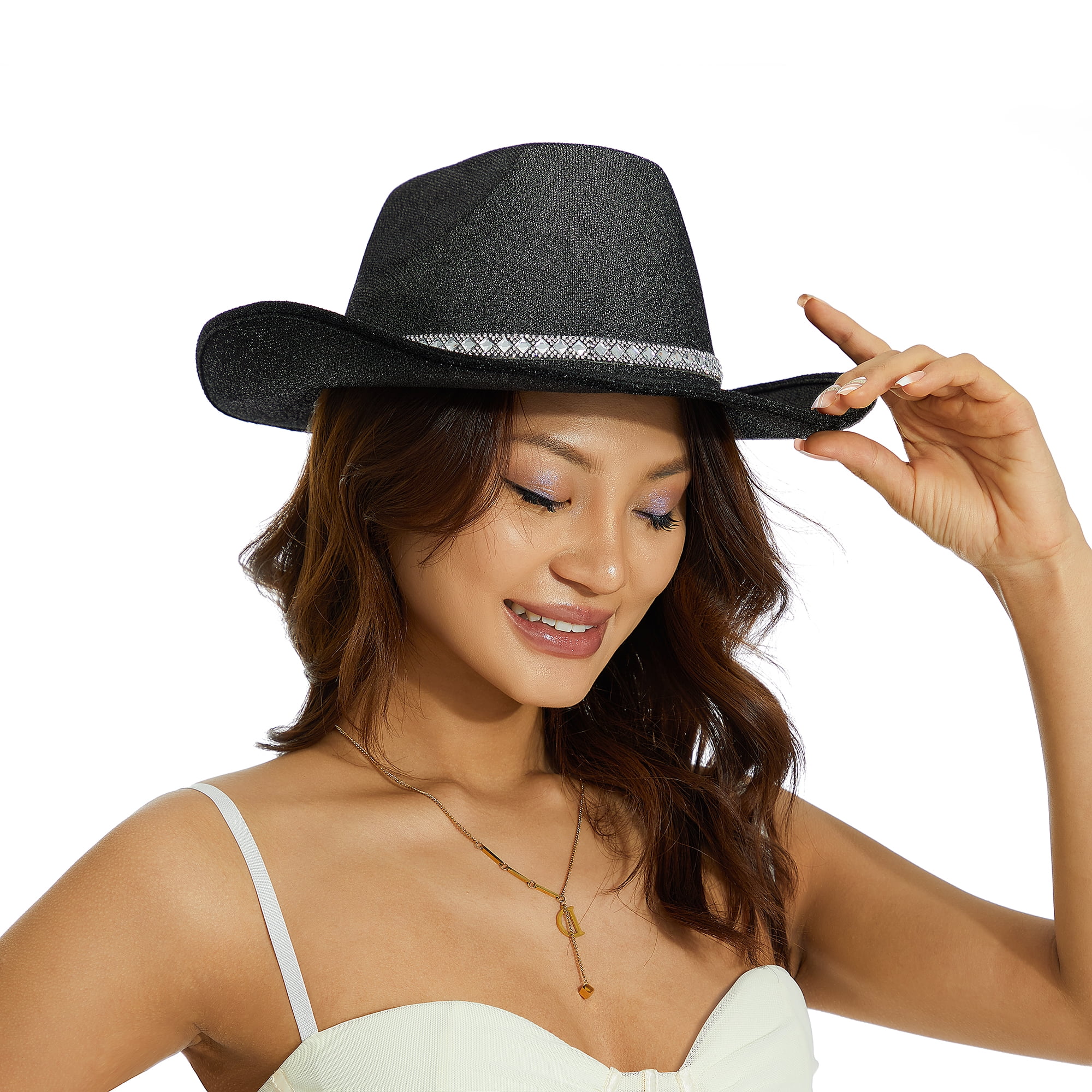 JUSTOTRY Felt Cowboy Hat for Women Men Wide Brime Cowgirl Hats for Girl  Dress up Disco Party (Black) at  Women's Clothing store
