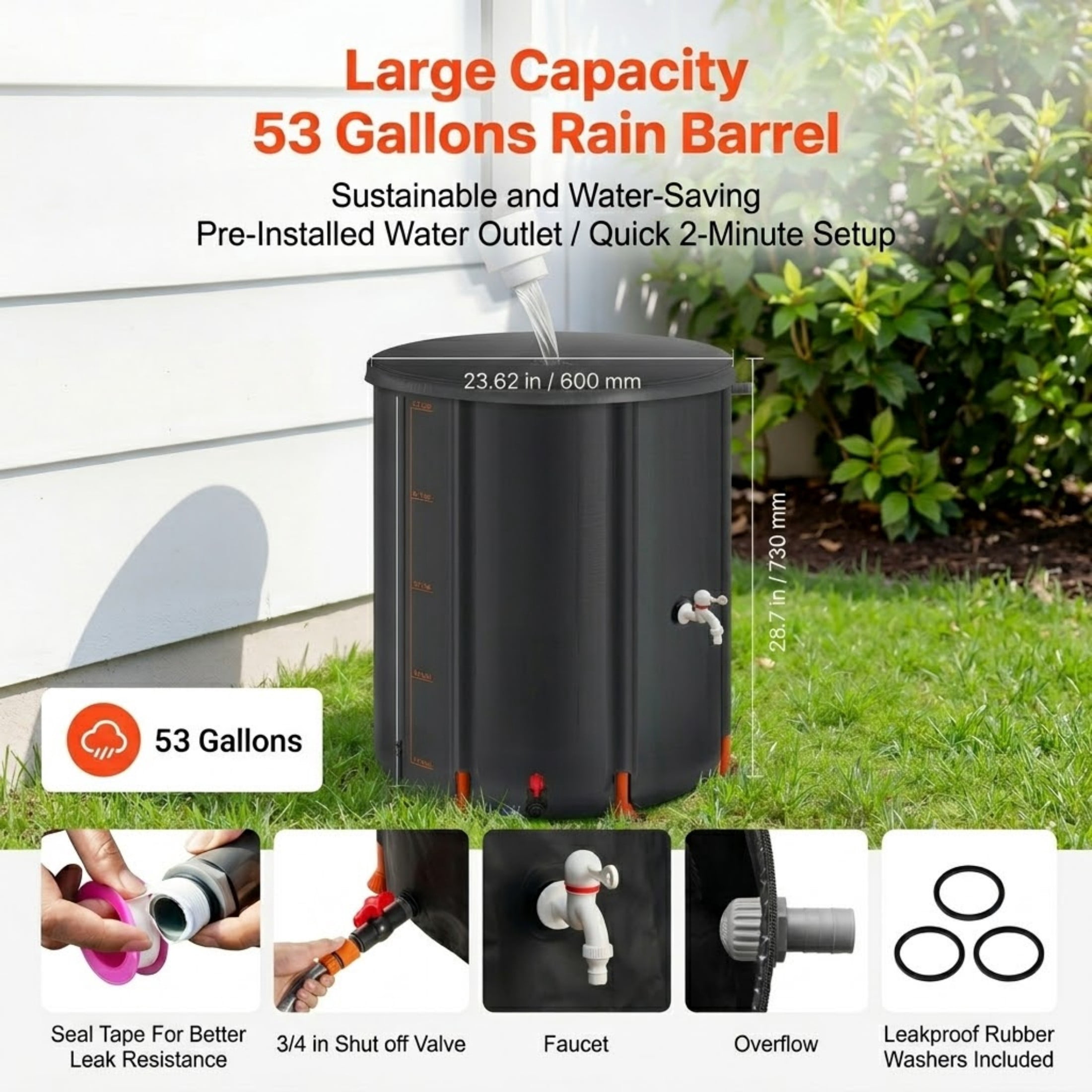 53 Gallon Collapsible Rain Barrel, 1000D PVC Portable Rain Water Collection System with Spigot & Overflow Kit, Black