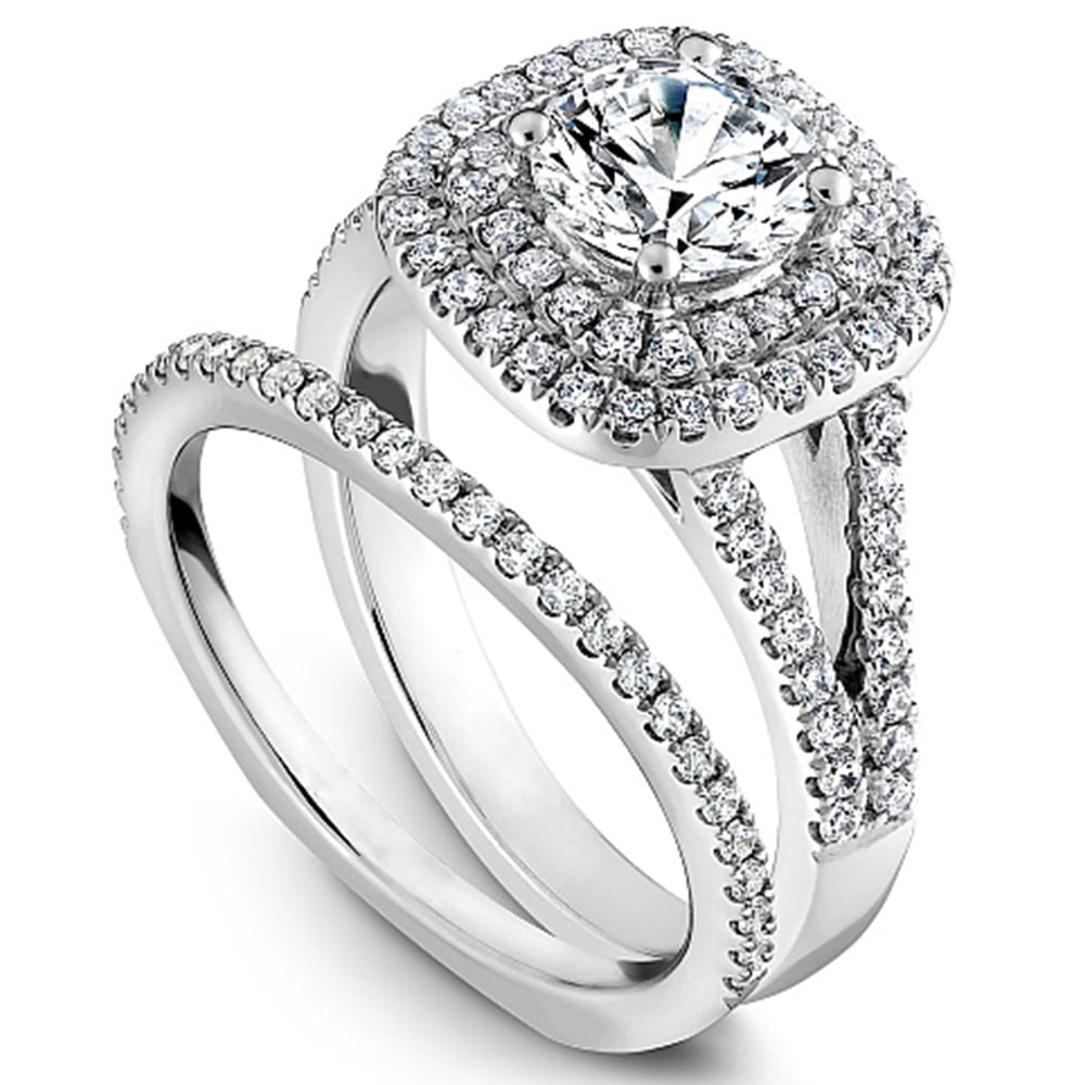 Split Shank Round Cut Real Diamond Halo Bridal Set in 10k White Gold ...