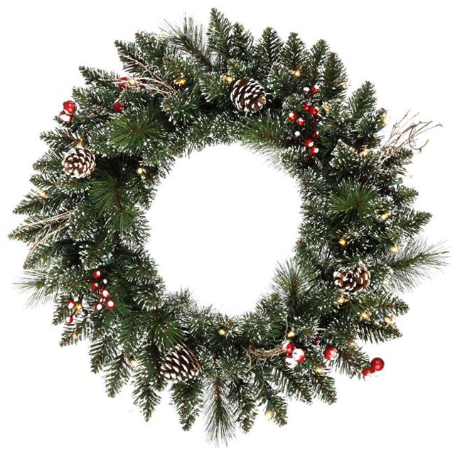 Vickerman B166325LED Snow Tip & Berry Wreath with Warm White LED Lights, 24 in.
