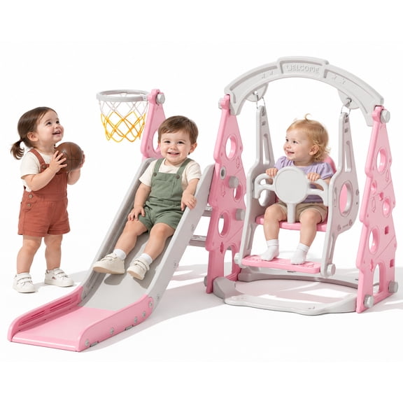 XJD 4-in-1 Toddler Slide and Swing Set, Kids Indoor Outdoor Playset with Basketball Hoop, Backyard Playground for Toddlers 1-3 Years Old, Pink