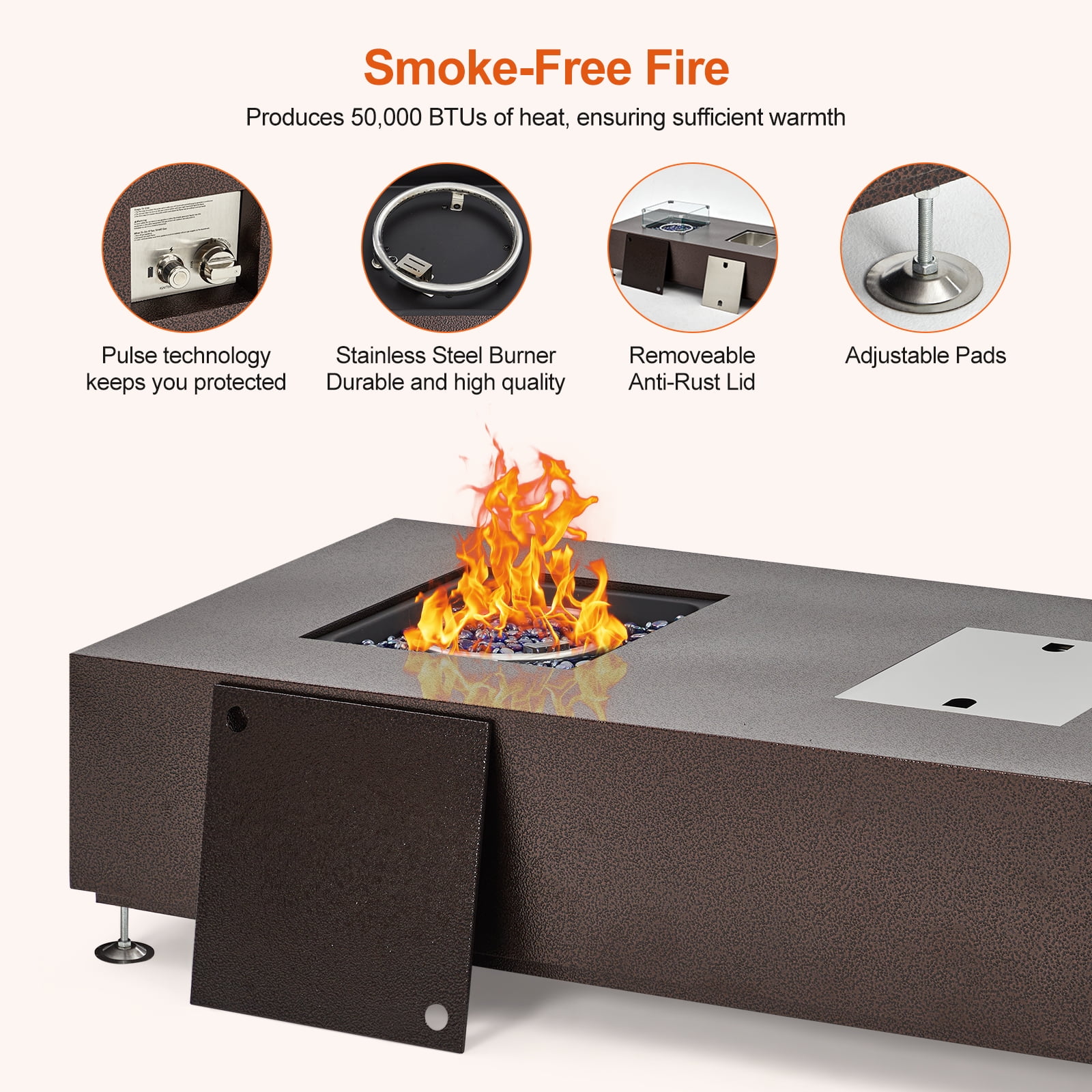 Outdoor Propane Gas Fire Pit Table, 50000 BTU Firepit with Wind Guard, Rain Cover for Outside Patio
