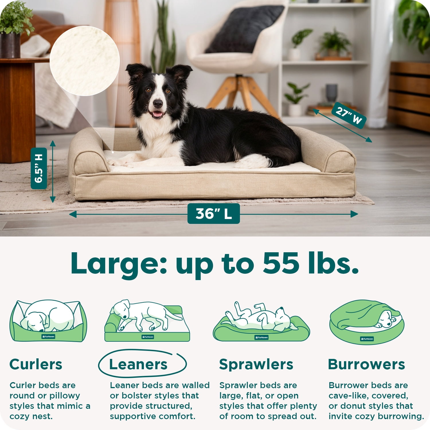 FurHaven Plush & Performance Linen Orthopedic Sofa Pet Bed for Dogs & Cats - Flax, Large