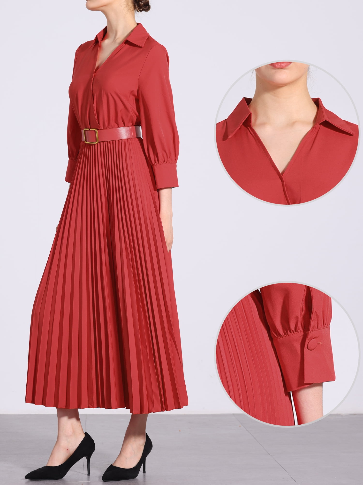 DARING DIVA 3/4 Sleeves Collar V Neck Dress M Red
