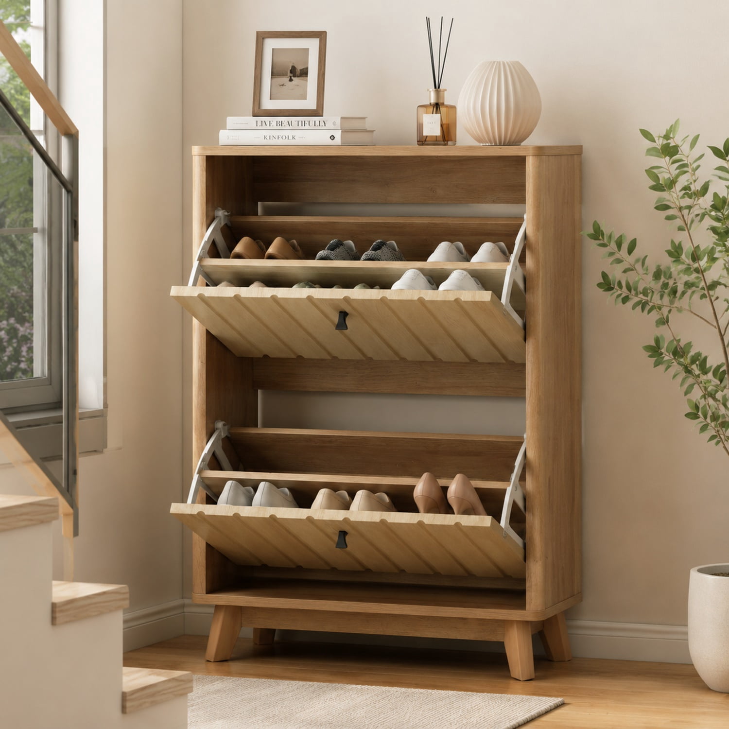 Hommoo 23.6-inch Modern Entryway Shoe Cabinet with Flip-Down Tilt-Out Compartment, Adjustable Shelves & Anti-Tip Kit, Freestanding Shoe Rack for Hallway or Mudroom, Oak