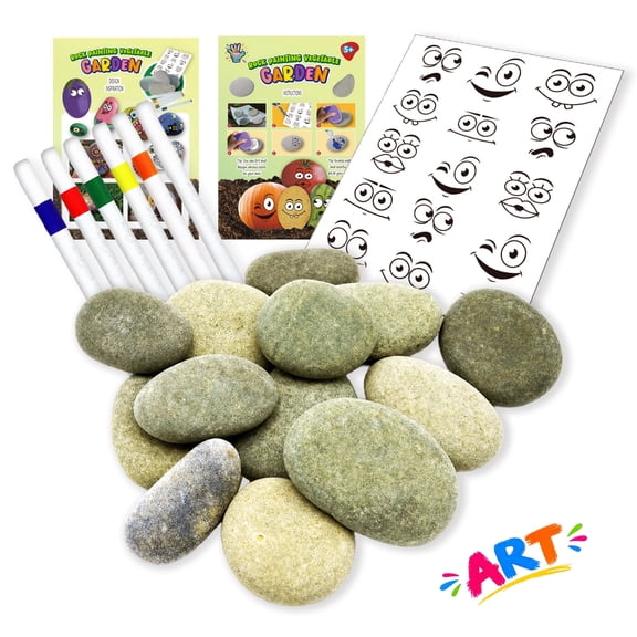 DIY Rock Painting Kit for Kids Ages 5 –– 4 Ready-to-Paint Garden Stones, Non-Toxic Paints – Fun Veggie Face Craft Gift for Boys & Girls